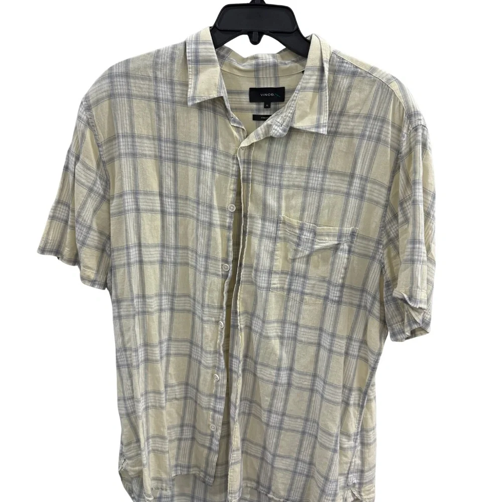 Vince Beige & Gray Plaid Short Sleeve Button-Down – Size L